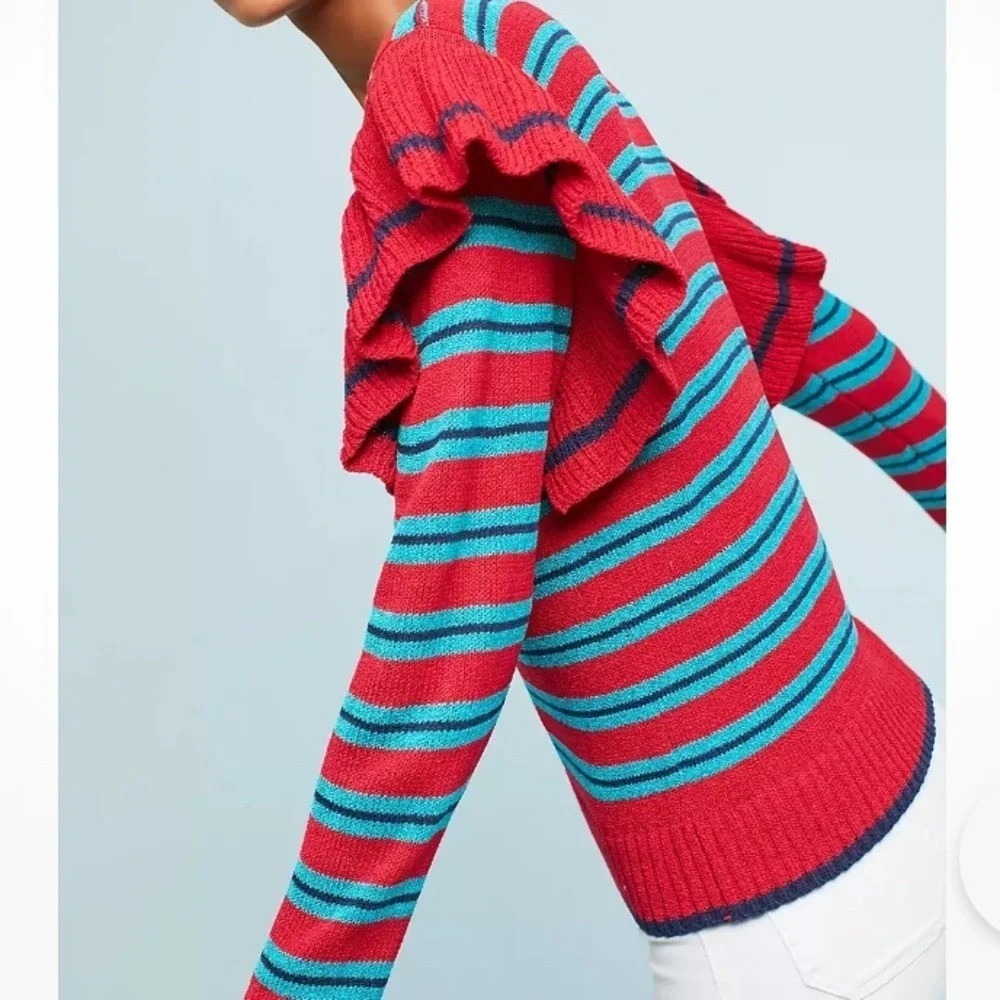 Anthropologie Harlyn Red Blue‎ Striped Ruffle Shoulder Sweater. Size Medium.